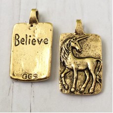 Green Girl Studios - 30x16mm Believe Unicorn Pendant - 10K Antique Gold Plated