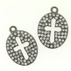 25x17mm Rhinestone Pave Cut-Out Cross Gunmetal Oval Charms - Pack of 2