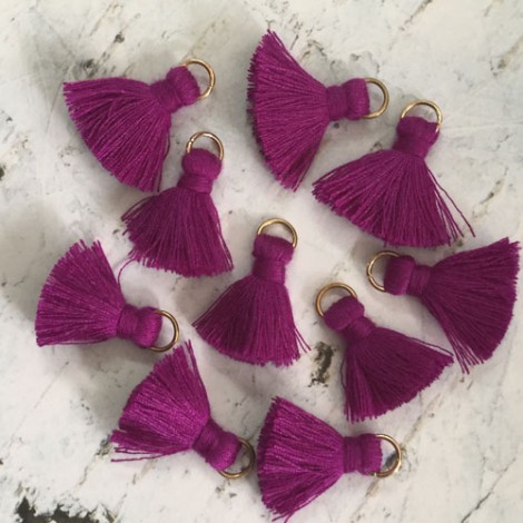 20mm Cotton Mini Tassels with Gold Jumpring - Pack of 10 - Violet/Gold