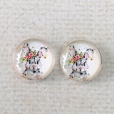 12mm Art Glass Backed Cabochons  - Bunny Design 5 - Per Pair