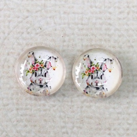 12mm Art Glass Backed Cabochons - Bunny Design 5 - Per Pair 12mm Art Glass Backed Cabochons - Bunny Design 5 - Per Pair