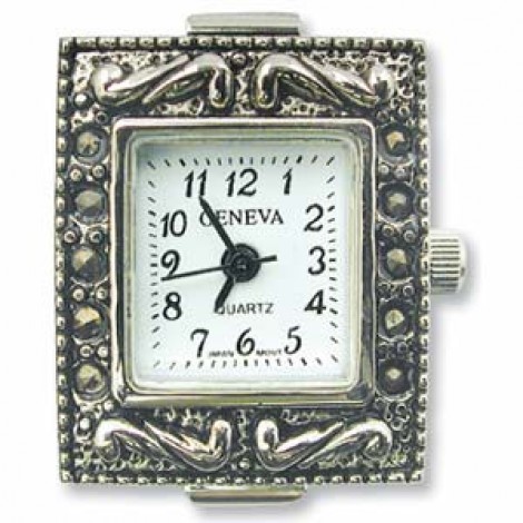 Geneva Rectangular Silver Watch with Marcasite