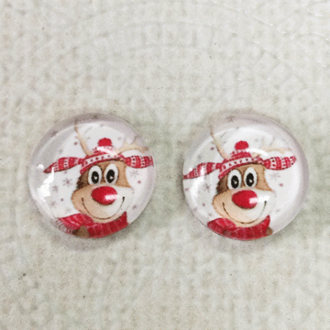12mm Art Glass Backed Cabochons - Xmas Design 1 - Happy Reindeer - Per Pair 12mm Art Glass Backed Cabochons - Xmas Design 1 - Happy Reindeer - Per Pair