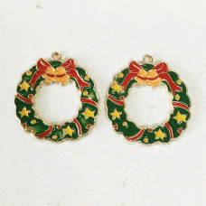 27mm Gold Plated Enamelled Christmas Charms - Christmas Wreath with Bow