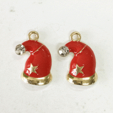 22mm Gold Plated Enamelled Christmas Charms - Santa Hat with Crystal