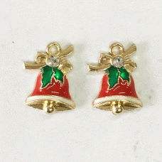 17mm Gold Plated Enamelled Christmas Charms - Red Bell with Holly & Crystal