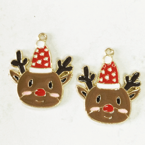 23mm Gold Plated Enamelled Christmas Charms - Reindeer with Santa Hat