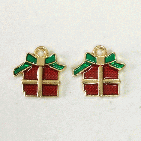 15mm Gold Plated Enamelled Christmas Charms - Present with Green Bow