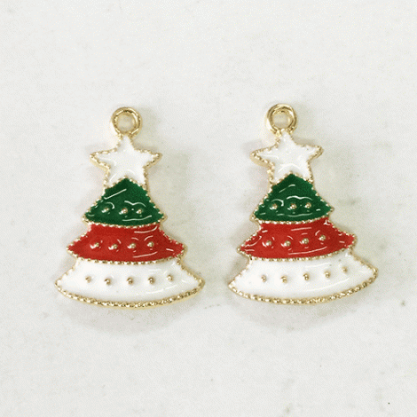 20mm Gold Plated Enamelled Christmas Charms - Red, Green & White Xmas Tree