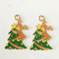 32mm Gold Plated Enamelled Christmas Charms - Christmas Tree with Reindeer
