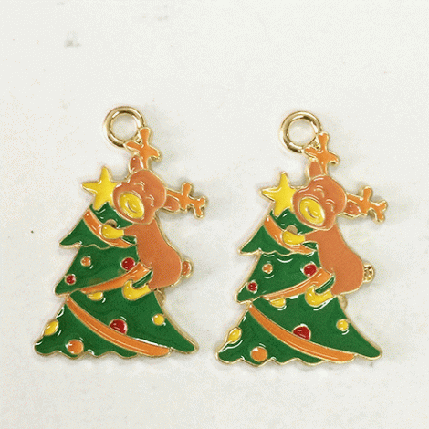 32mm Gold Plated Enamelled Christmas Charms - Christmas Tree with Reindeer - Per Pair 32mm Gold Plated Enamelled Christmas Charms - Christmas Tree with Reindeer - Per Pair