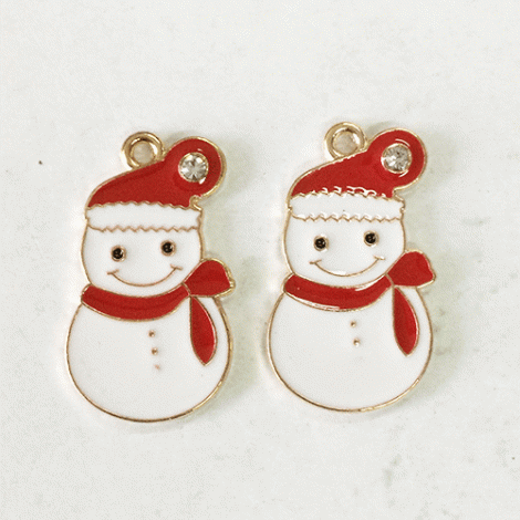 25mm Gold Plated Enamelled Christmas Charms - White Snowman with Crystal
