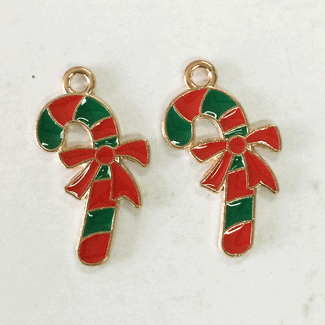 22mm Gold Plated Enamelled Christmas Charms - Candy Cane with Red Bow