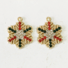 24mm Gold Plated Enamelled Christmas Charms - Snowflake with Red, Crystal & Green Crystals