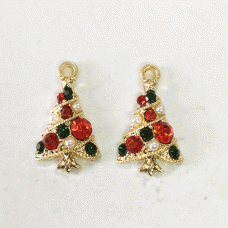 20mm Gold Plated Enamelled Christmas Charms - Crystal covered Xmas Tree