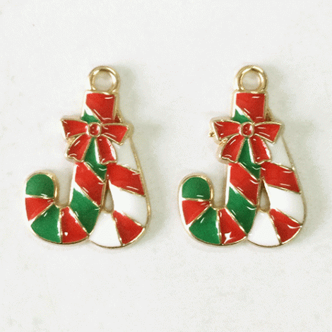 23mm Gold Plated Enamelled Christmas Charms - Two Candy Canes with Bow
