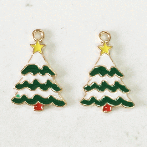 23mm Gold Plated Enamelled Christmas Charms - Green & White Xmas Tree with Star