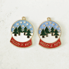 23mm Gold Plated Enamelled Christmas Charms - Snow Dome - Per Pair