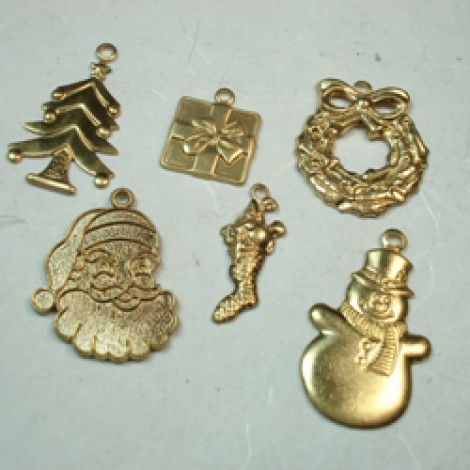 Christmas Assortment - Raw Brass Charms - Set of 6