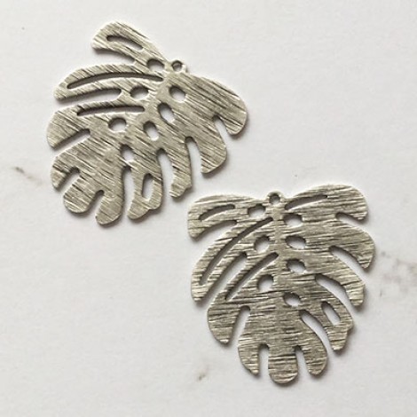 21x22x0.5mm Silver Plated Textured Brass Monstera Leaf Charms with 1 Loop