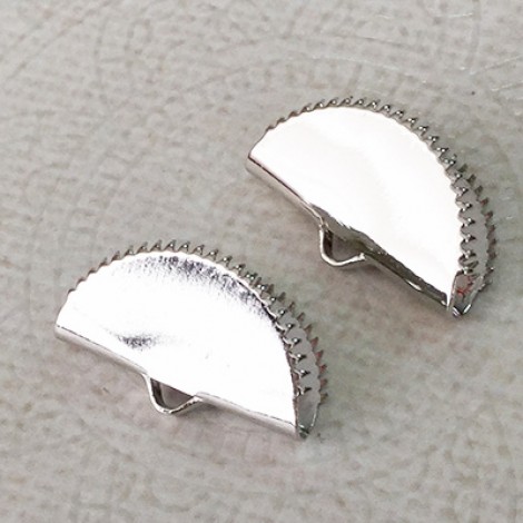 20x10mm Half Moon Ribbon End or Tassel Earring Crimp with Teeth - Imitation Rhodium Plated Silver