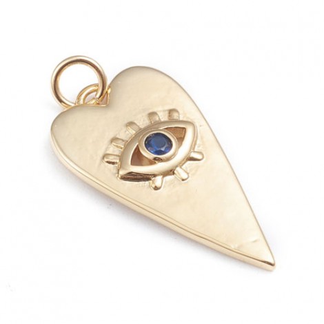 24x13mm 18K Gold Plated Brass Micro Pave Blue Cubic Zirconia Heart Pendants with Jumprings - Per pair