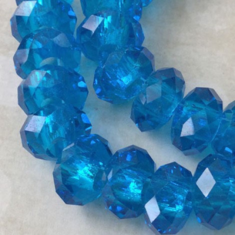 14x10mm Faceted Tiara Glass Rondelle Beads with 5mm Large Hole - Barbados Blue