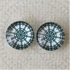 12mm Art Glass Backed Cabochons - Teal & White Mandala 12 - Per Pair