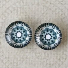 12mm Art Glass Backed Cabochons - Teal & White Mandala 9- Per Pair