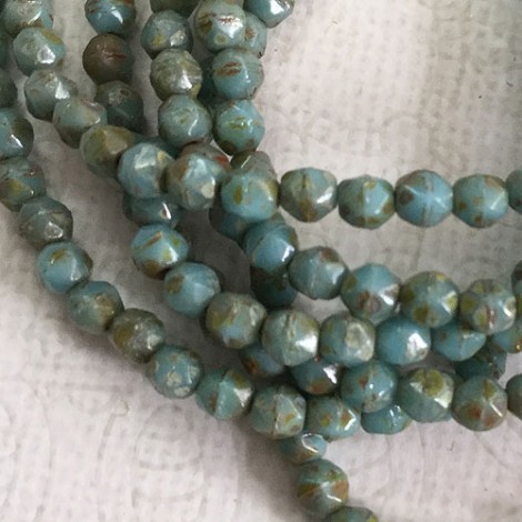 4mm Czech English Cut Beads - Medium Sky Blue with Picasso Finish - Pack of 50