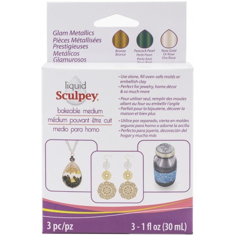 Sculpey Liquid Bakable Clay - Metallic Multi-Pack - Silver, Gold + Pearl - 3 x 1oz 