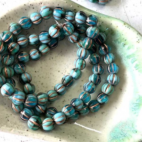6mm Czech Large Hole Melon Beads - Sky Blue + Blue Green w-Bronze Wash - Pack of 10 6mm Czech Large Hole Melon Beads - Sky Blue + Blue Green w-Bronze Wash - Pack of 10