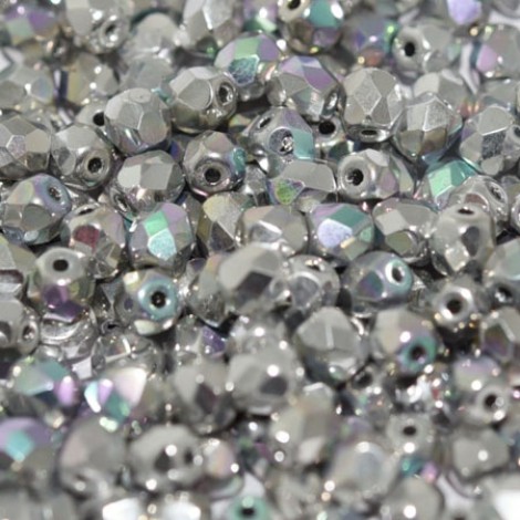 4mm Czech Firepolish Beads - Crystal Glittery Silver - Pack of 50