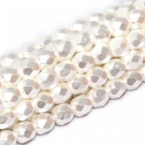 4mm Czech Firepolish Beads - Metallic Bright White - Pack of 50