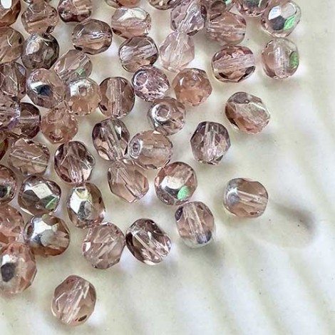6mm Pink-Silver Czech Fire Polished Beads - Pack of 20