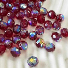 8mm Czech Firepolish Round Beads - Lt Garnet AB  - Pack of 20