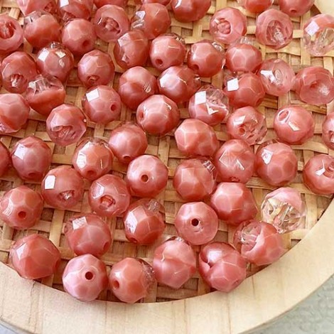 8mm Czech Firepolish Beads - Coral Pink/Crystal - Pack of 20