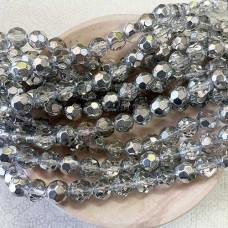 8mm Faceted Glass Round Beads - Silver Half Plated Crystal - Per Strand