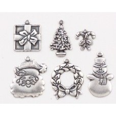 Christmas Assortment - Sterling Silver Plated Pressed Brass Charms  - Set of 6