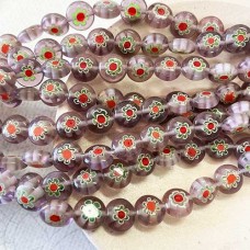 8mm Flat Round Amethyst/Red Single Flower Millefiori Beads - Strand