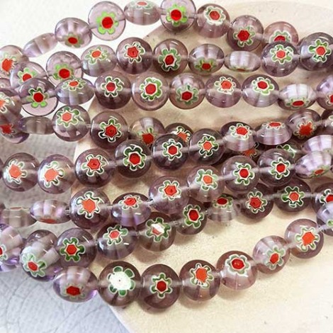 8mm Flat Round Amethyst/Red Single Flower Millefiori Beads - Strand 8mm Flat Round Amethyst/Red Single Flower Millefiori Beads - Strand