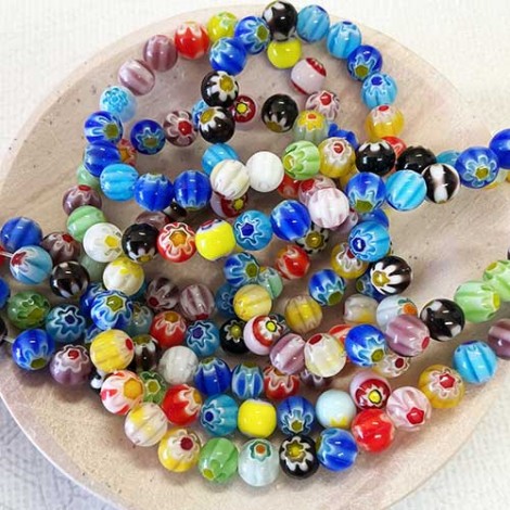 6mm Mixed Colour Round Millefiori Beads - Strand
