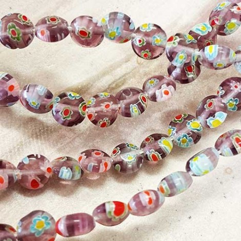 6mm Lt Amethyst Flat Round Millefiori Beads - Strand