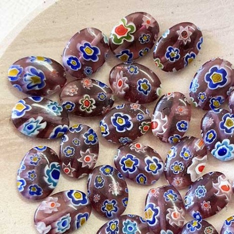 10x14mm Millefiori Flat Amethyst Oval Flower Beads - Strand