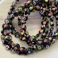 6mm Flat Round Black Millefiori Glass Beads - Strand