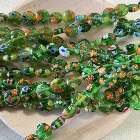 8mm Green Millefiori Round Flat Disc Beads - Strand 8mm Green Millefiori Round Flat Disc Beads - Strand