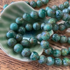 8mm Czech Green Picasso Round Glass Beads  - Pack of 20