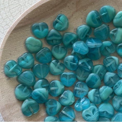 8mm Turquoise Sea Green Czech Pressed Glass Heart Beads - Pack of 20