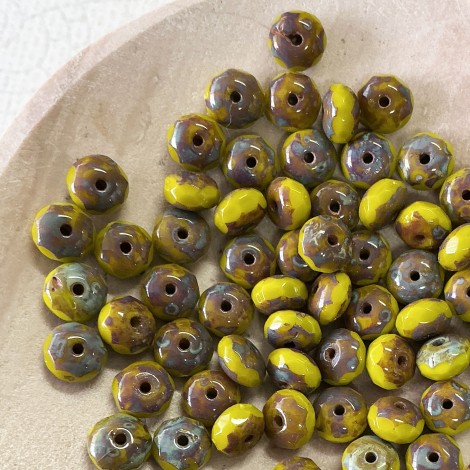 7x4mm Olive Jade Thru Cut Picasso Fire-Polish Rondelles - Pack of 10