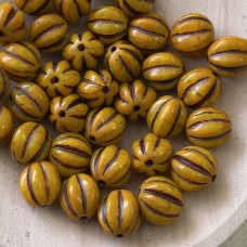 10mm Czech Pressed Glass Melon Beads - Opaque Pumpkin with a Brown Wash - Pack of 5